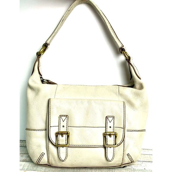 VINTAGE FOSSIL IVORY GENUINE LEATHER MEDIUM HOBO TOTE SHOULDER BAG HANDBAG PURSE - Picture 2 of 11